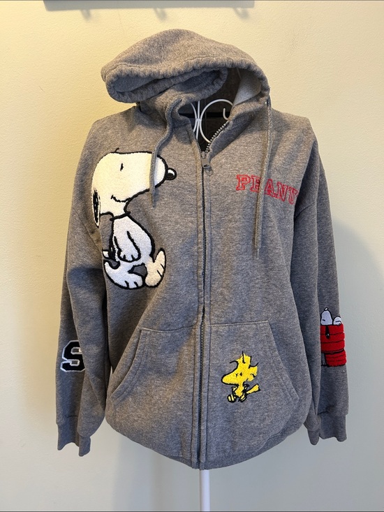 Peanuts Sweaters - Peanuts Gray women’s Zip Hoodie with Snoopy, Woodstock & Red Doghouse Details